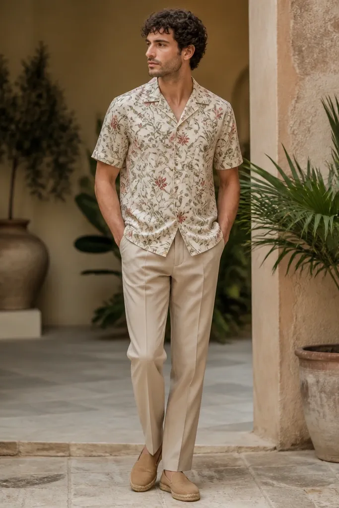 A man wearing a short-sleeve camp shirt with a small botanical pattern in muted greens and reds, paired with beige trousers and tan espadrilles; background shows an outdoor courtyard.