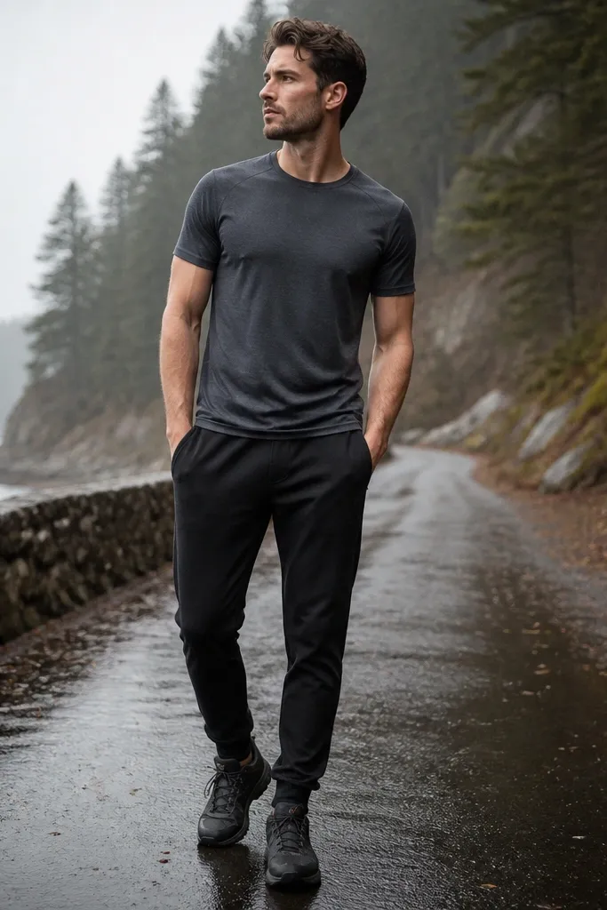 A man in a charcoal performance tee, paired with black joggers and waterproof trail sneakers; the setting shows an outdoor path with wet pavement.