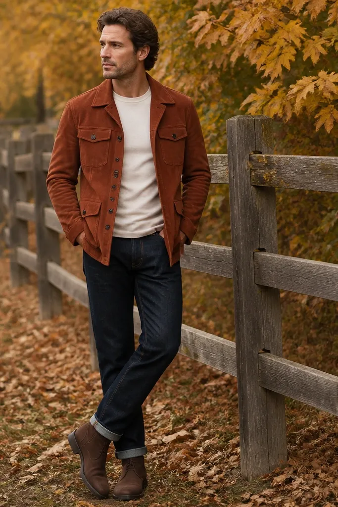A man wearing a rust suede field jacket over a cream crewneck tee, paired with dark jeans and brown boots; the background shows a wooden fence and autumn leaves.