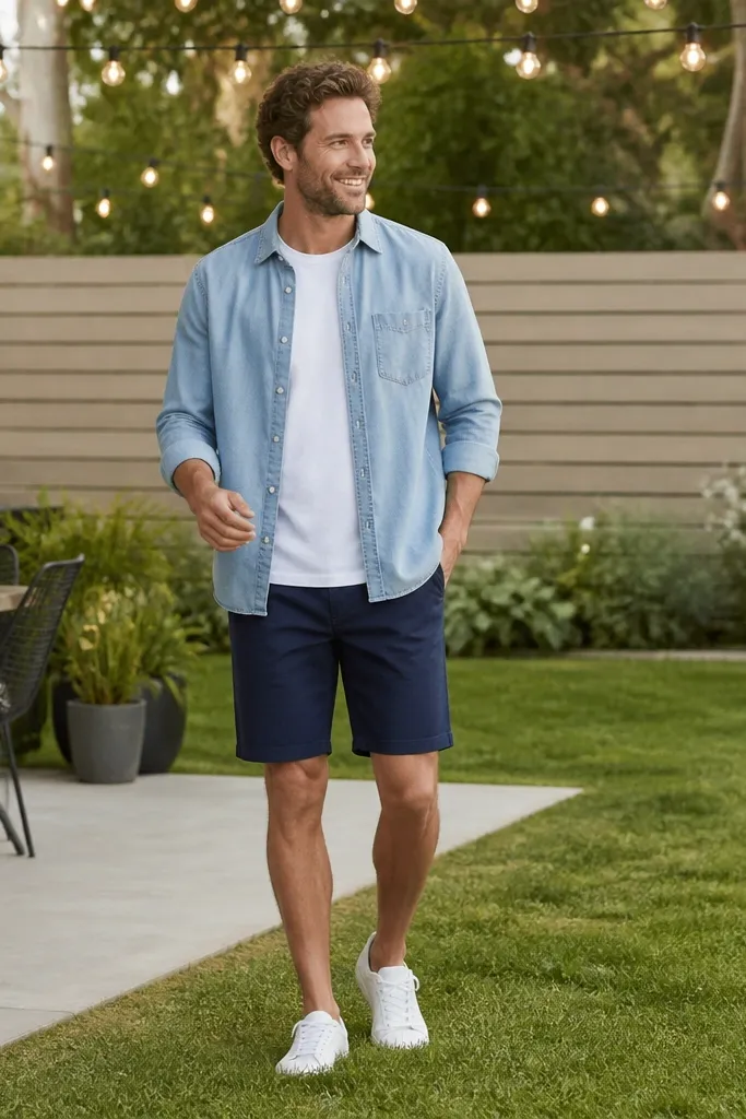 A man wearing a light blue denim shirt over a white tee, paired with navy chino shorts and white sneakers; the background is a bright backyard with string lights.