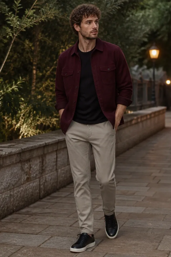 A man wearing a burgundy overshirt over a black crew tee, paired with stone tapered pants and black leather sneakers; the background shows an evening outdoor walkway.