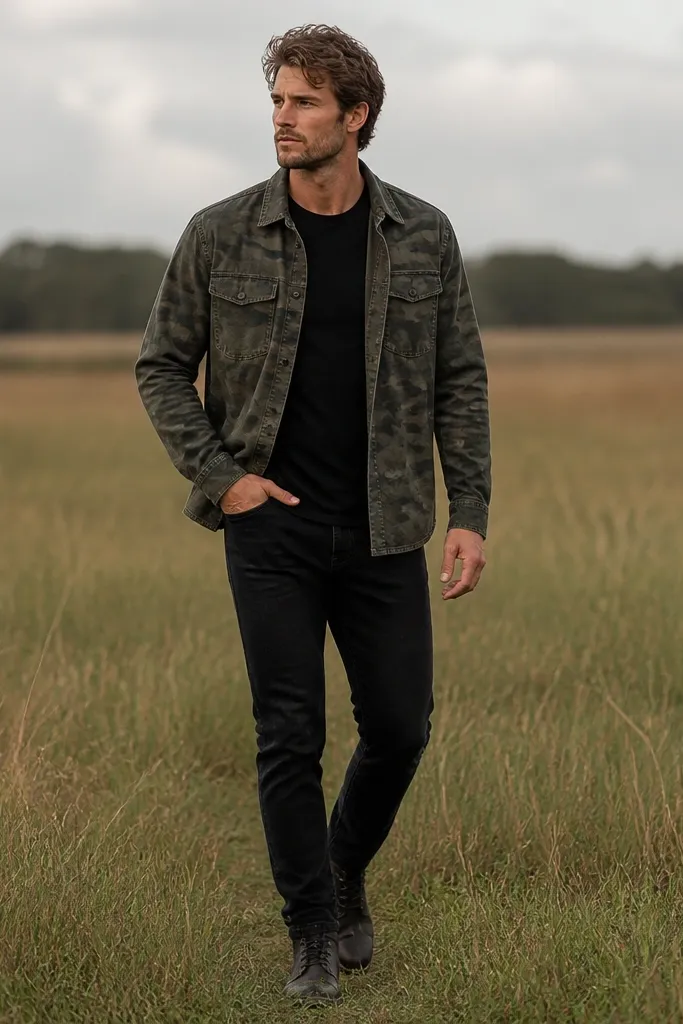 A man in a muted green camouflage overshirt layered over a plain black tee, paired with black jeans and dark boots; the background is a grassy field.