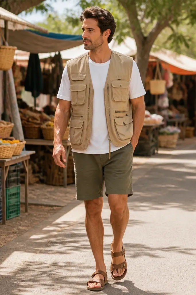 A man wearing a tan safari vest with multiple pockets over a white tee, paired with olive shorts and brown sandals; the background shows a sunny outdoor market.
