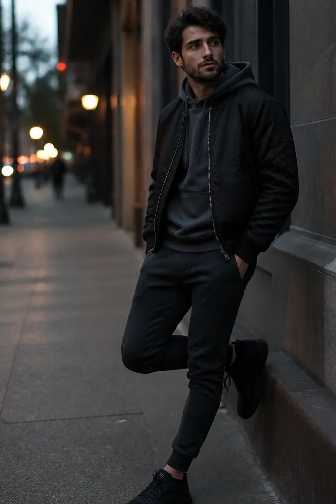 A man wearing a charcoal hoodie under a black bomber jacket, paired with dark jogger pants and black sneakers; background shows an evening street with soft lights.