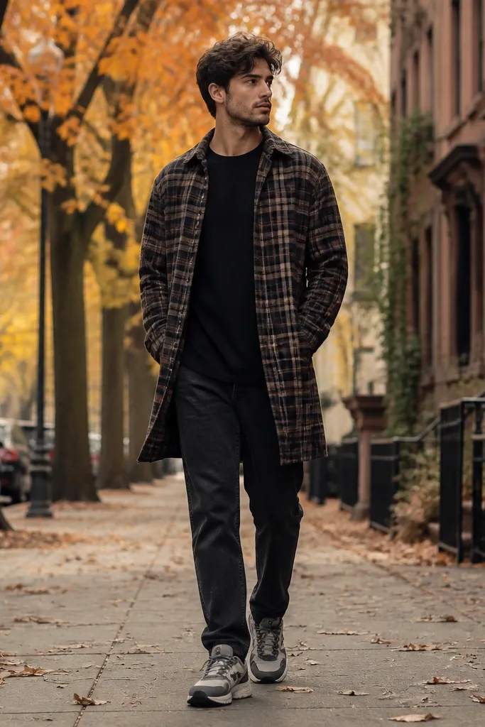 A man wearing a black longline tee with a long flannel shirt worn open over it, paired with straight dark jeans and chunky sneakers; the background shows a fall street with trees.