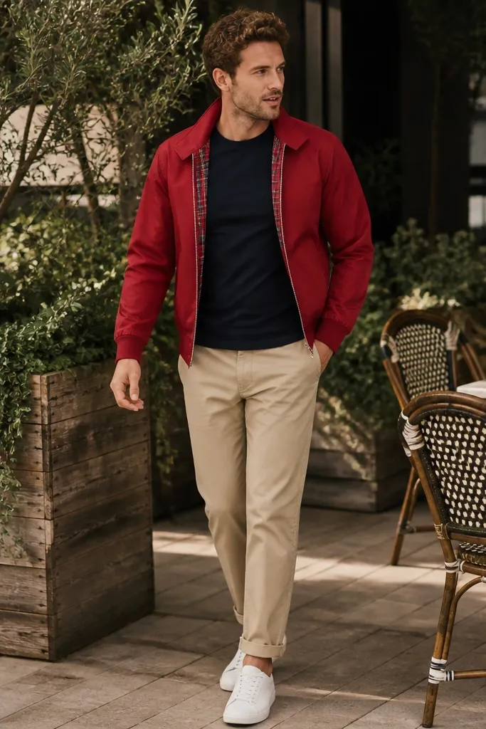 A man wearing a red Harrington jacket over a navy T-shirt, paired with khaki chinos and white low-profile sneakers; the background shows an outdoor restaurant patio.