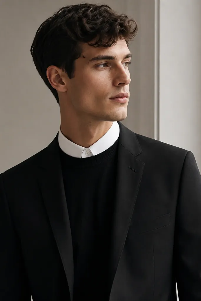 A men's outfit photo: black crewneck knit top with a removable white detachable collar buttoned at the neckline. A slim black blazer is shown over it. The collar looks crisp and stands up slightly, with a clean edge line.