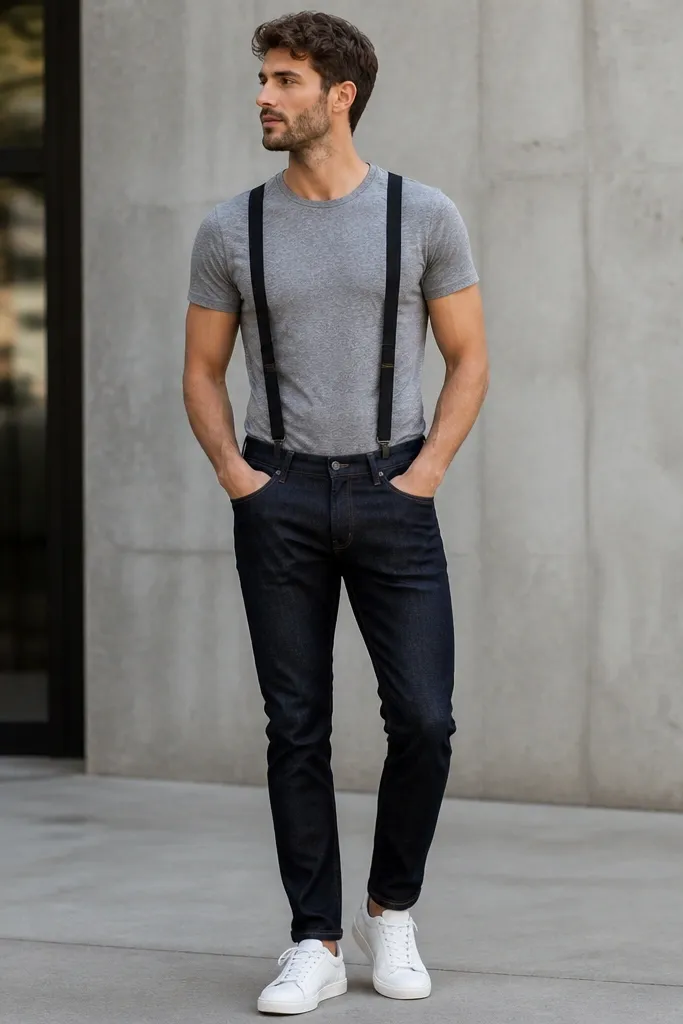A full-body outfit photo of a man wearing a fitted heather-gray t-shirt with black clip-on suspenders. The suspenders create a vertical line down the torso. The pants are dark wash denim, and the shoes are minimalist white leather sneakers.