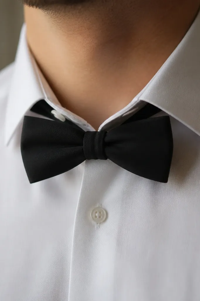 A close-up photo: white button-down shirt with the collar open at the top button. A black removable bow tie sits centered under the collar. The fabric looks matte and the bow tie has a neat, symmetrical knot.