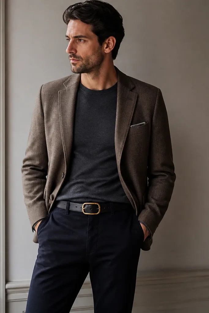 A waist-level photo: dark charcoal chinos with a removable leather belt. The buckle is brushed silver and slightly oversized. The belt sits centered with a clean single keeper loop visible.