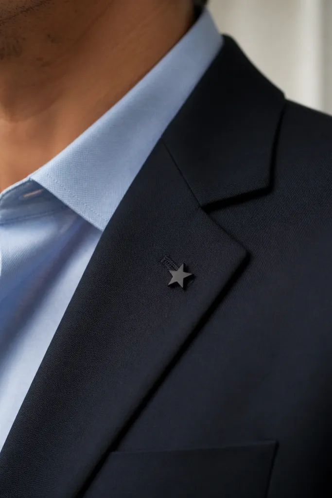 A blazer lapel close-up: dark blazer with a magnetic lapel pin shaped like a small minimalist star. The pin sits on the left lapel, with a matte finish. The shirt underneath is light blue.