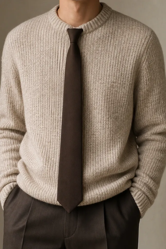 A torso shot: textured oatmeal knit sweater with a detachable tie hanging neatly down the center. The tie looks matte and sits straight, with a small tie knot. Dark trousers are underneath.