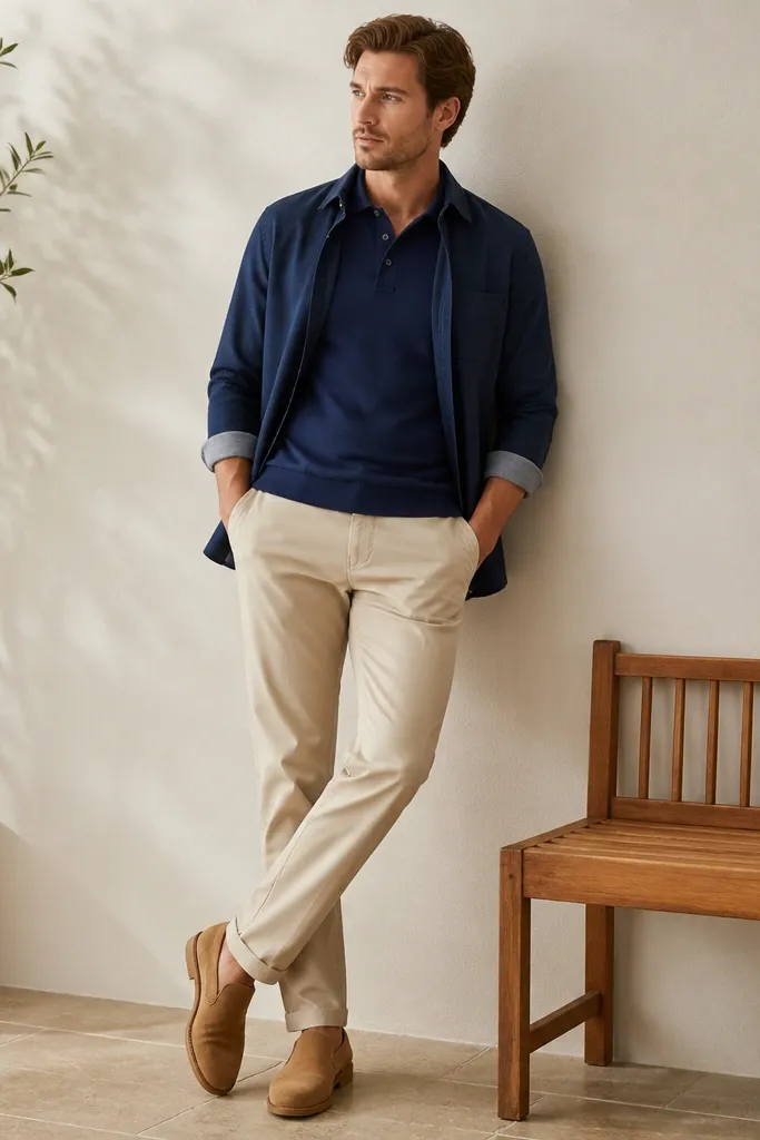 A styled photo: a navy polo shirt with an unbuttoned removable overshirt. The overshirt has rolled cuffs showing a lighter inner lining. The pants are light khaki, and shoes are tan suede.