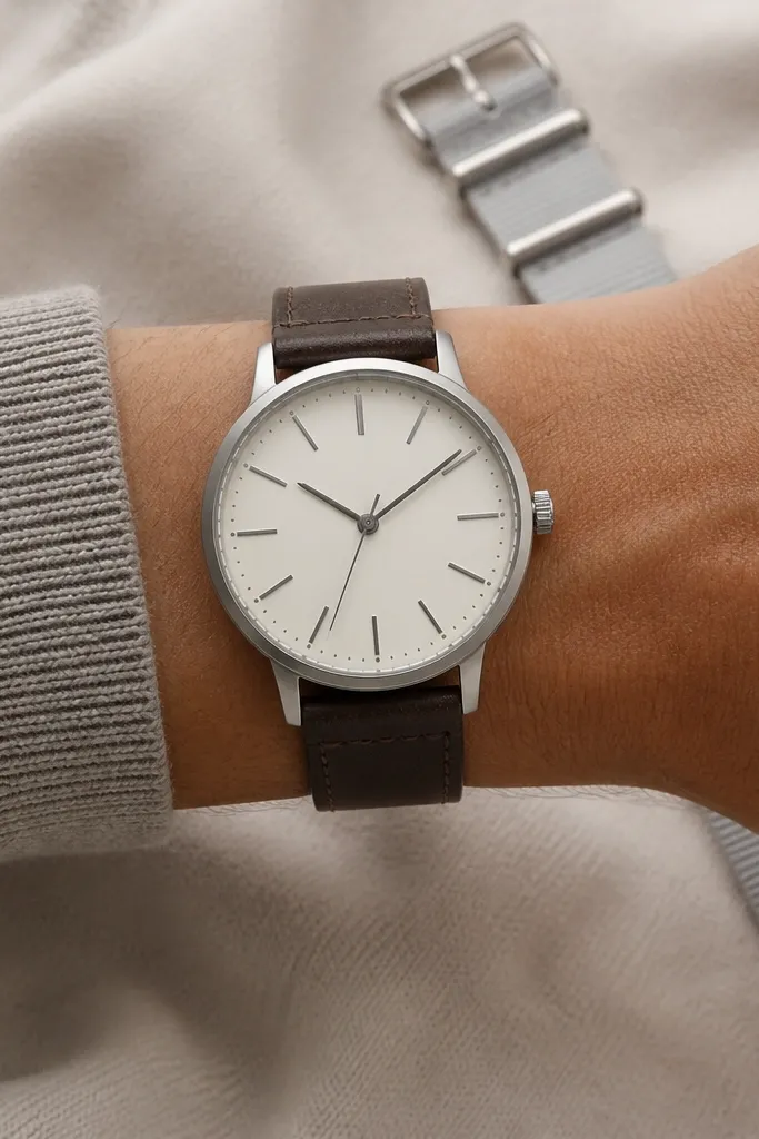 A wrist close-up showing a watch with a detachable strap. One strap is dark leather, and the other is a light gray nylon. The watch face is centered and clean.