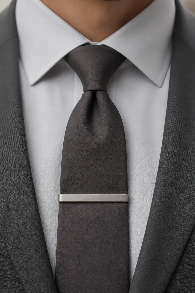 A shirt and tie close-up: a matte tie with a clip-on tie bar across the tie knot area. The bar is silver and sits straight. The shirt collar is neat and the tie knot is centered.