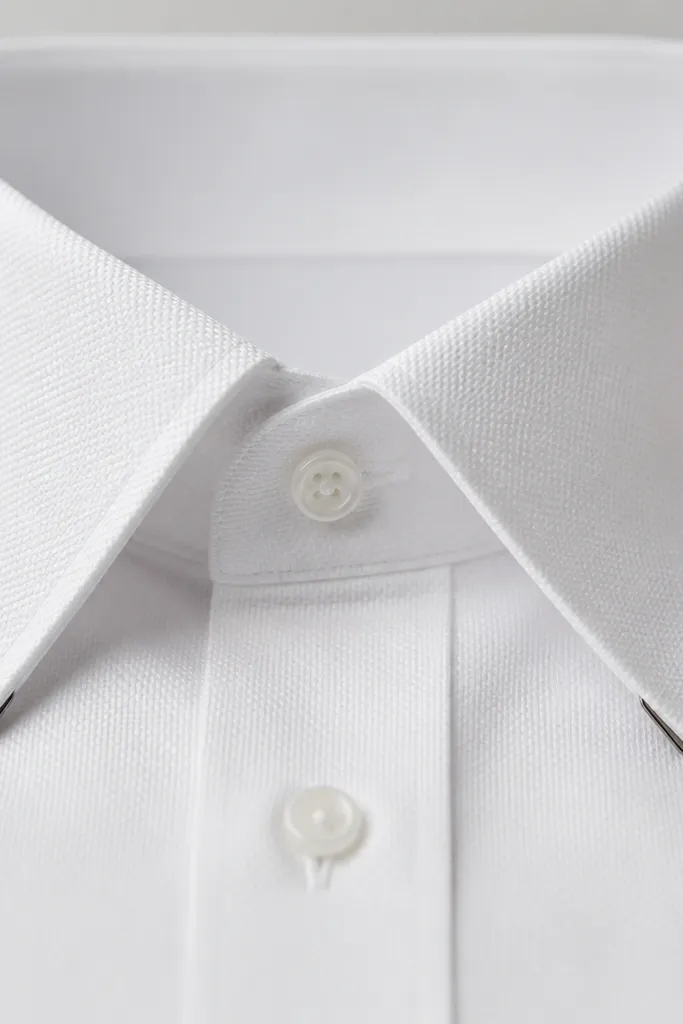 A close-up of a dress shirt collar with visible collar stays inserted at the collar tips. The collar points are straight and symmetrical. The shirt is white with subtle texture.