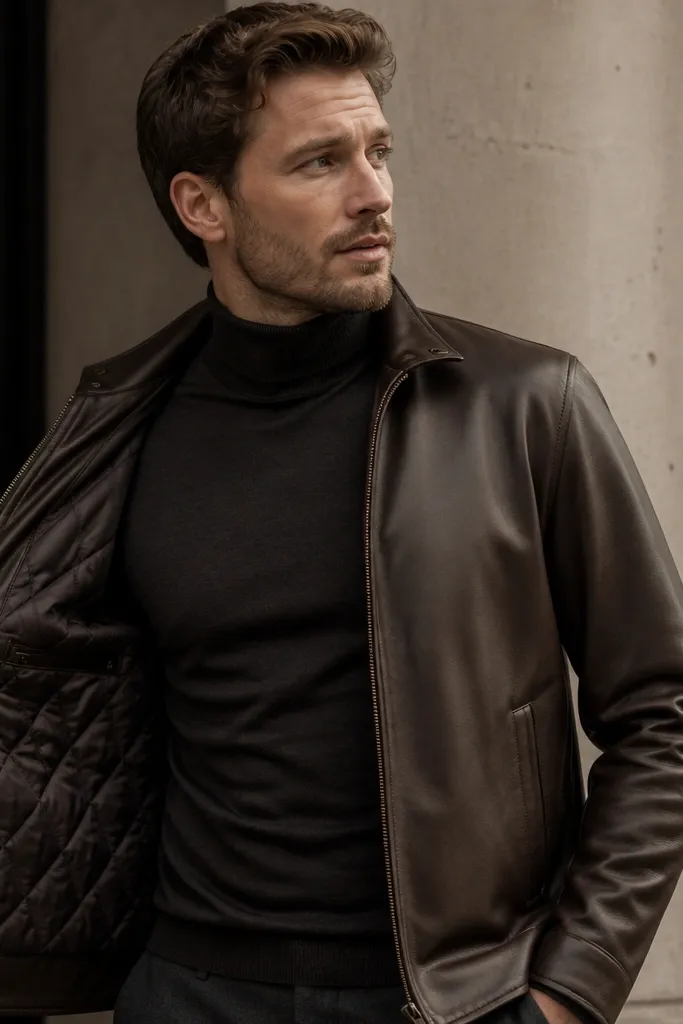 A man wearing a leather jacket with a removable quilted inner liner. The outer leather looks clean and the inner liner is visible when the jacket is opened. The shirt underneath is a dark turtleneck.