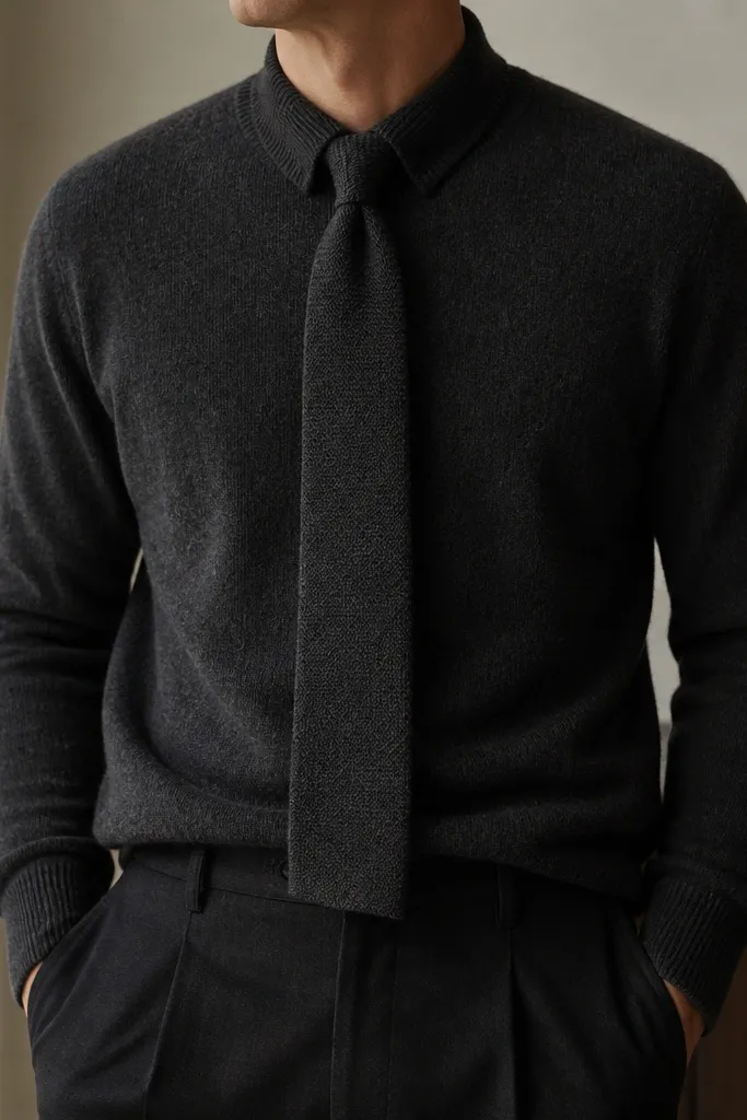 A torso shot: charcoal sweater with a removable knit tie layered over it. The tie looks soft and matte, with a subtle texture. A pair of dark trousers sits below.