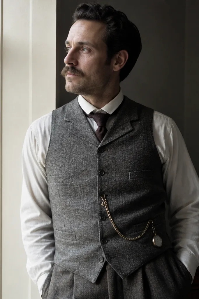 A vintage-style photo: a man wearing a vest or waistcoat with a removable pocket watch chain clipped in the pocket area. The chain rests flat across the vest panel. The watch is small and matte.
