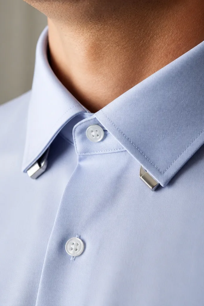 A close-up of a light-blue dress shirt collar with two small clip-on collar tabs. The tabs add a subtle contrast under the collar points. The collar edges look crisp.