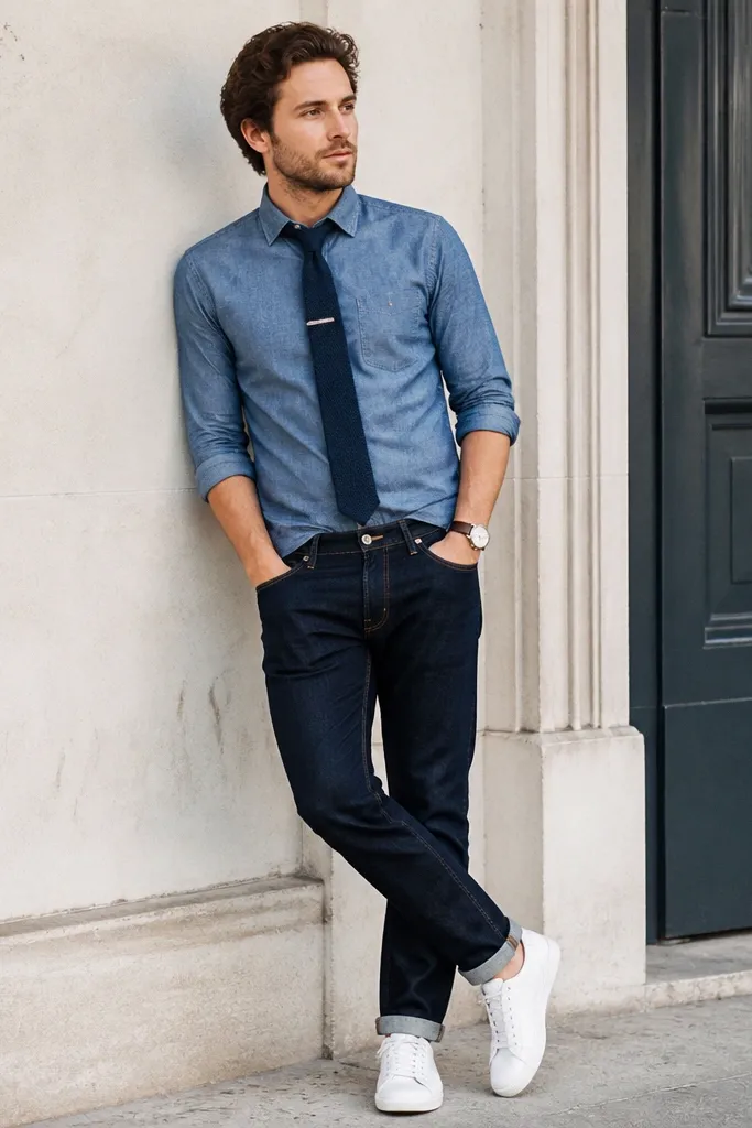 A casual-smart outfit photo: chambray shirt with rolled sleeves, a removable tie draped neatly, and a tie clip holding it straight. Dark jeans and clean sneakers finish the look.