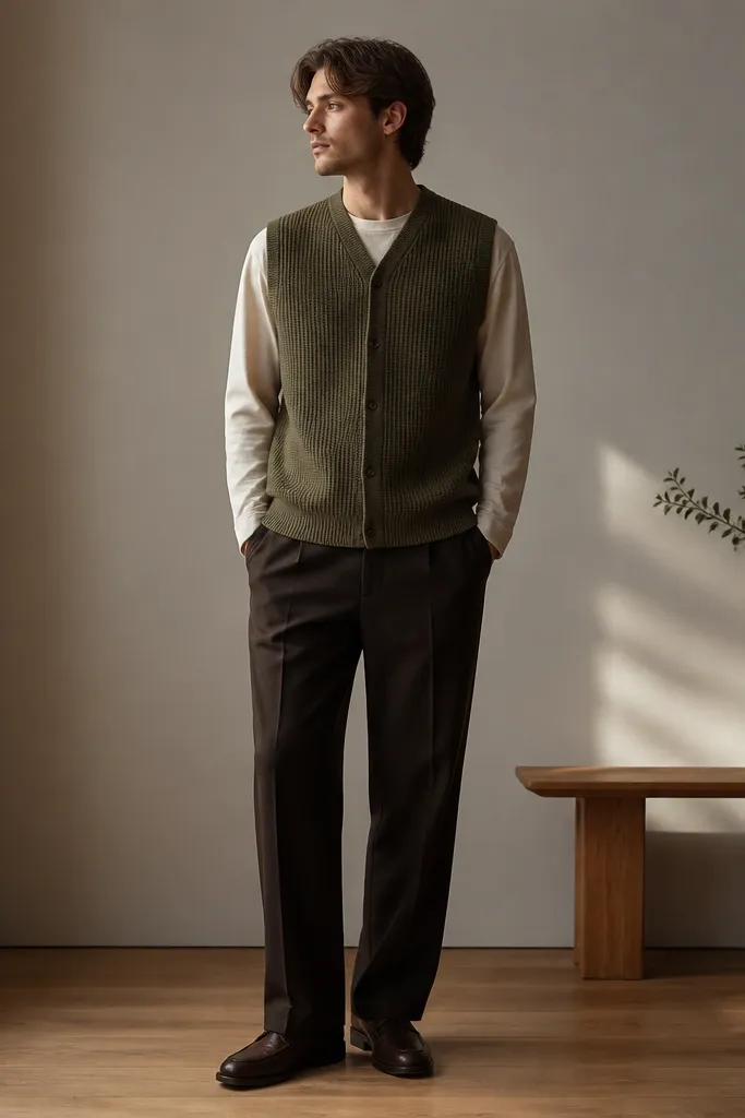 A layered outfit: long-sleeve tee in off-white with a detachable knit vest in olive. The vest is buttoned and the knit texture is visible. Dark trousers and brown shoes complete it.