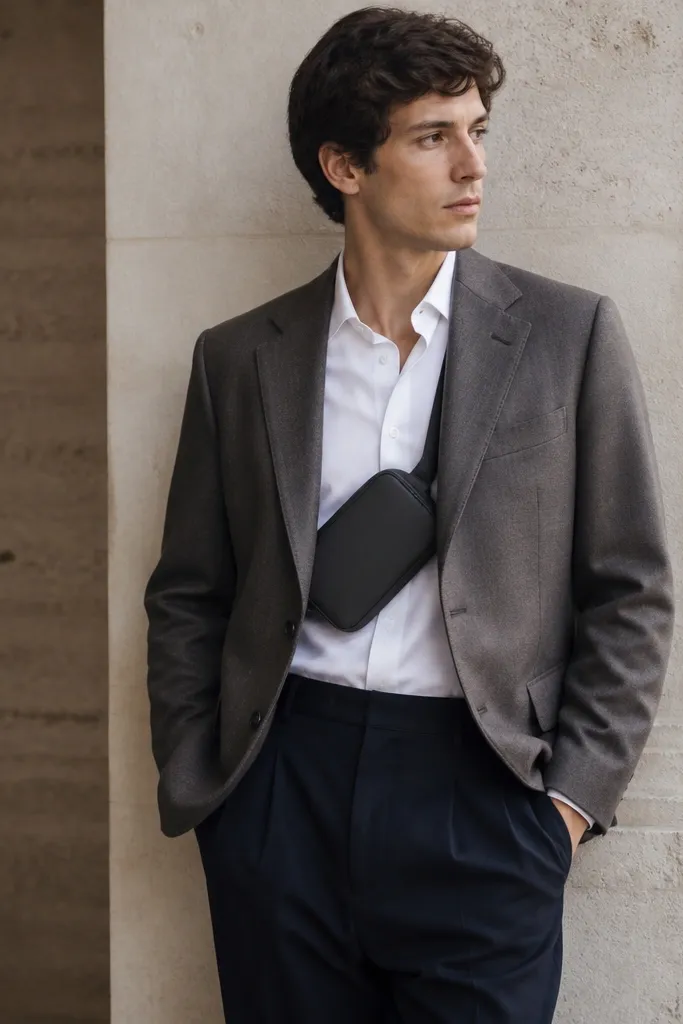 A man wearing a blazer with a removable belt bag worn crossbody under the blazer opening. The bag is small, matte black, and the strap is tucked. The outfit underneath looks like a white shirt and dark trousers.