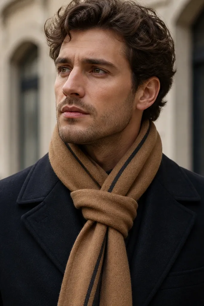 A portrait-style shot: a man in a dark coat with a removable scarf tied loosely at the neck. The scarf is textured wool in camel with a thin black stripe. The tie is not present; the scarf is the main accent.