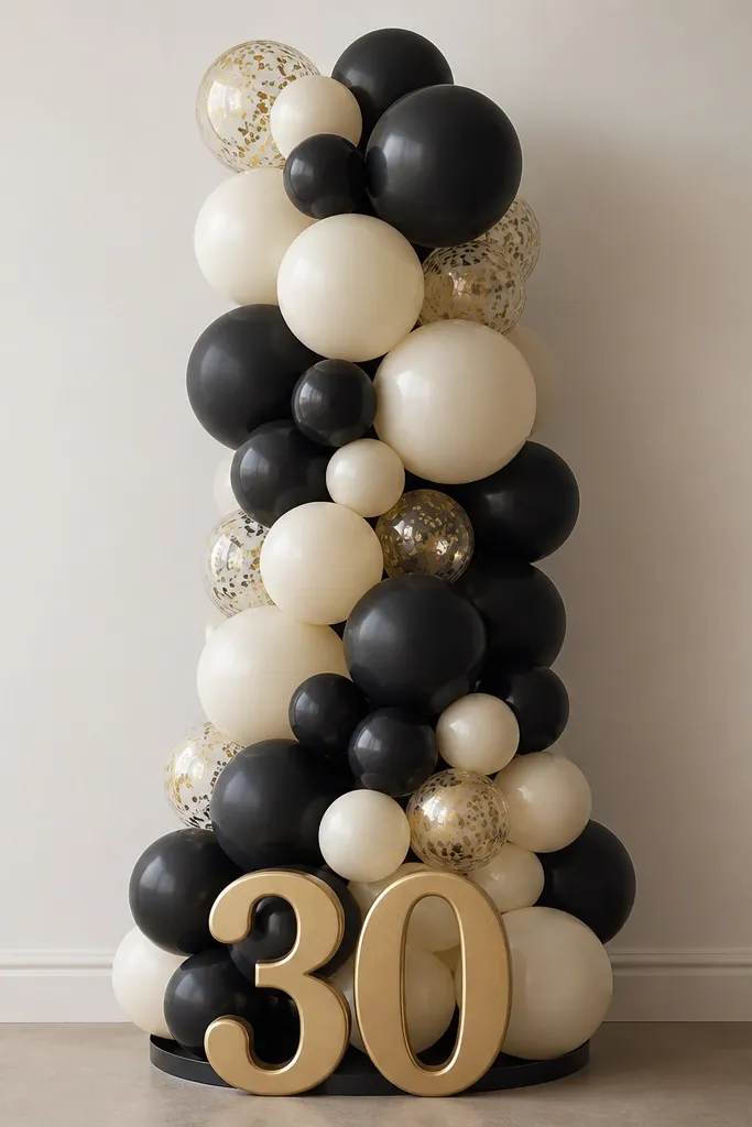 A tall balloon column in cream and matte black balloons. A gold freestanding "30" sits in front, centered against a plain wall. The base has a neat black tray and a few gold confetti balloons mixed in.