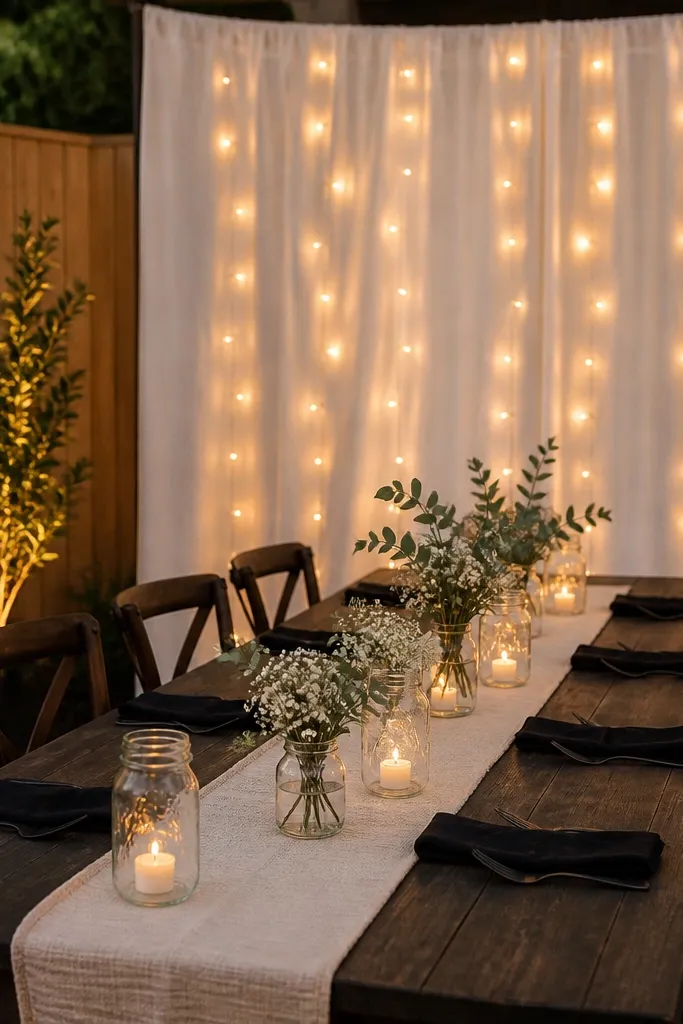 A backyard corner with a simple backdrop draped in warm LED curtain lights. A long table has a cream linen runner and black napkins, with small glass jars holding battery candles.