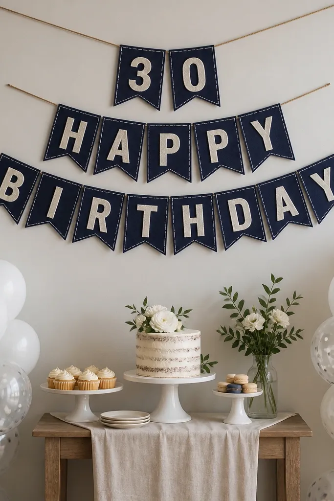 A navy felt banner spelling "30" and "Happy Birthday" with stitched edges. Below it, white balloon clusters sit on both sides of a small dessert table.