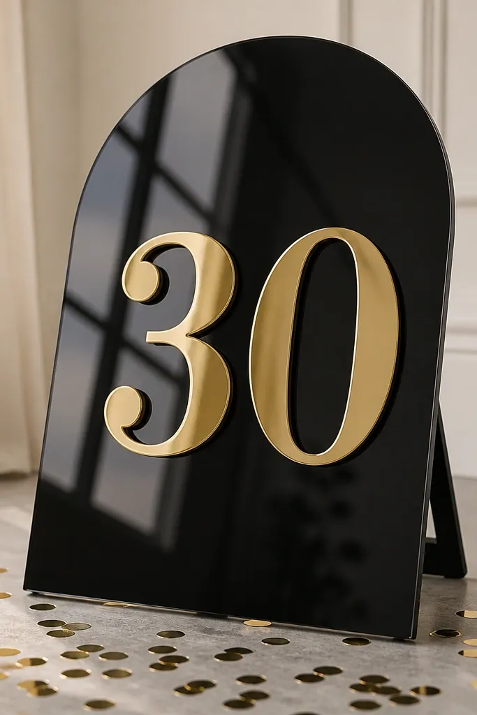 A black mirror-style sign leaning on a stand. Gold number cutouts spell "30" with a small confetti topper scattered around the base.