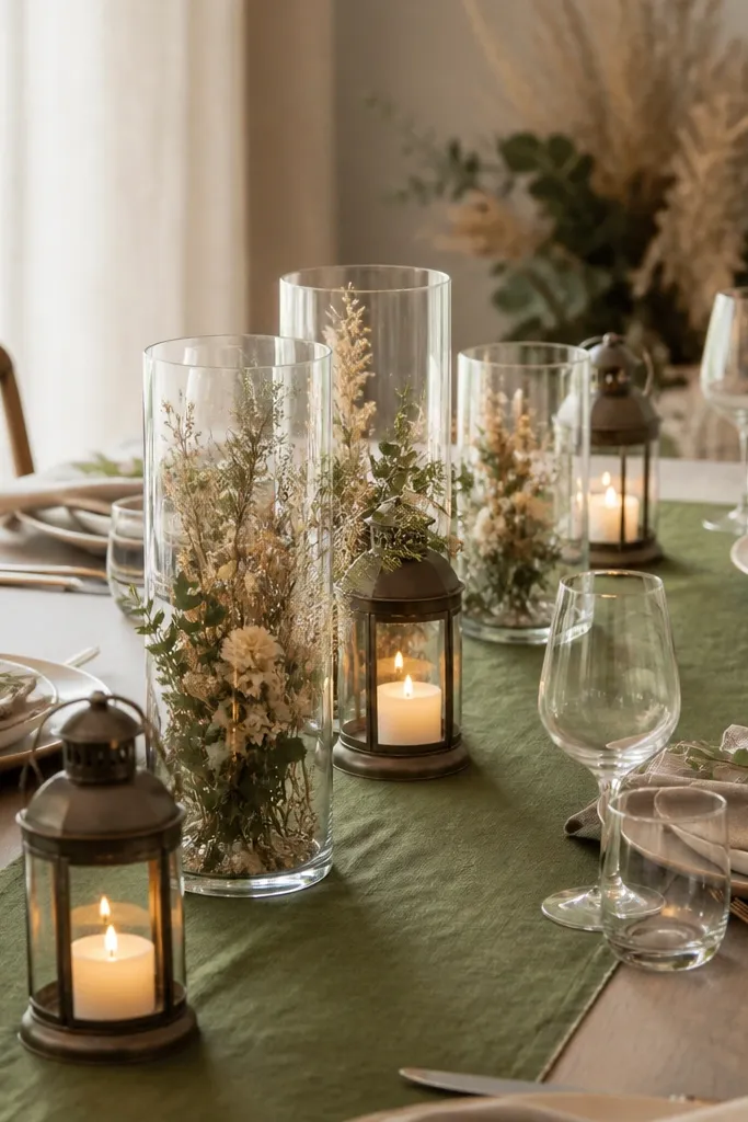 A dining table set with olive green runners, sand-colored napkins, and mini lanterns. Small sprigs and beige dried florals sit inside cylindrical glass holders.