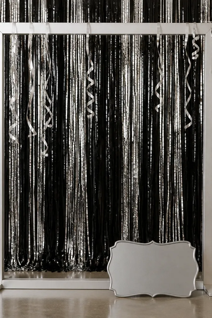 A backdrop made of black and chrome streamers behind a simple photo booth frame. A few metallic streamers fall from the top, with a small sign at the bottom.