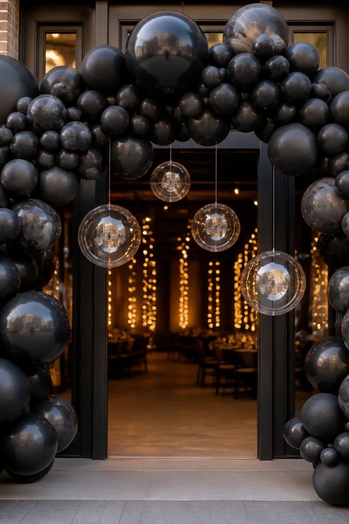 A monochrome balloon arch in black and charcoal with a few clear bubble balloons suspended inside. The arch frames a doorway with warm string lights behind.