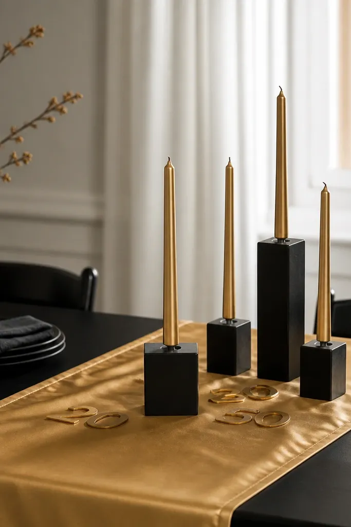 A black dining table with a gold satin-like runner. On top are black candle blocks with gold taper candles and a few small metallic number cutouts.