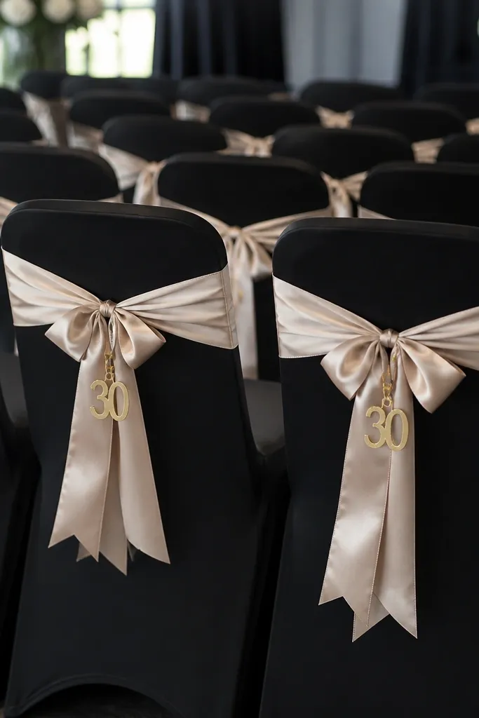 Rows of chairs covered in black fabric with champagne satin ribbon bows tied neatly at the back. A few chairs have small gold "30" tags clipped to the ribbon.