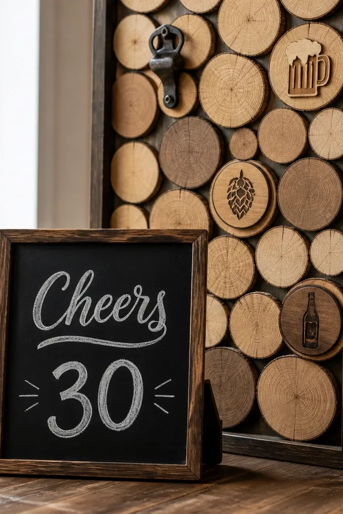 A black chalkboard sign that reads "Cheers" with "30" in white chalk. Behind it, a vertical display holds wooden coasters arranged like a wall, with a few small beer-themed icons.
