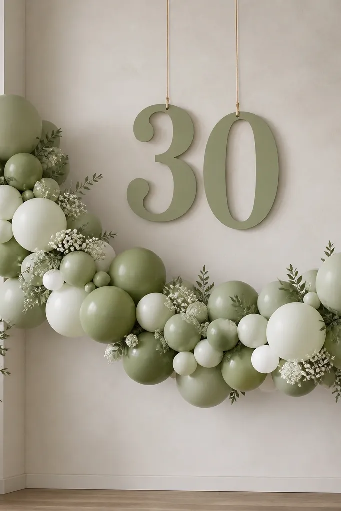 A sage green balloon garland arcing across a wall. A floating "30" sign hangs from strings above the garland, with a few white accents.