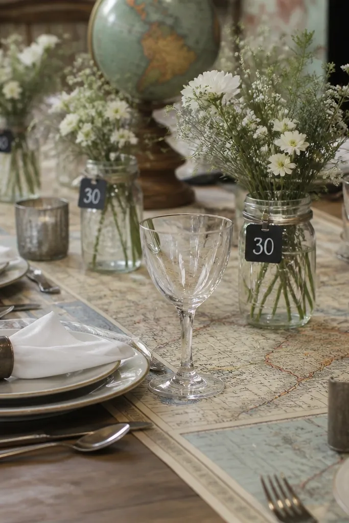 Tablescapes with folded vintage map paper as runners. Small black number tags reading "30" are clipped to jars and napkin holders.