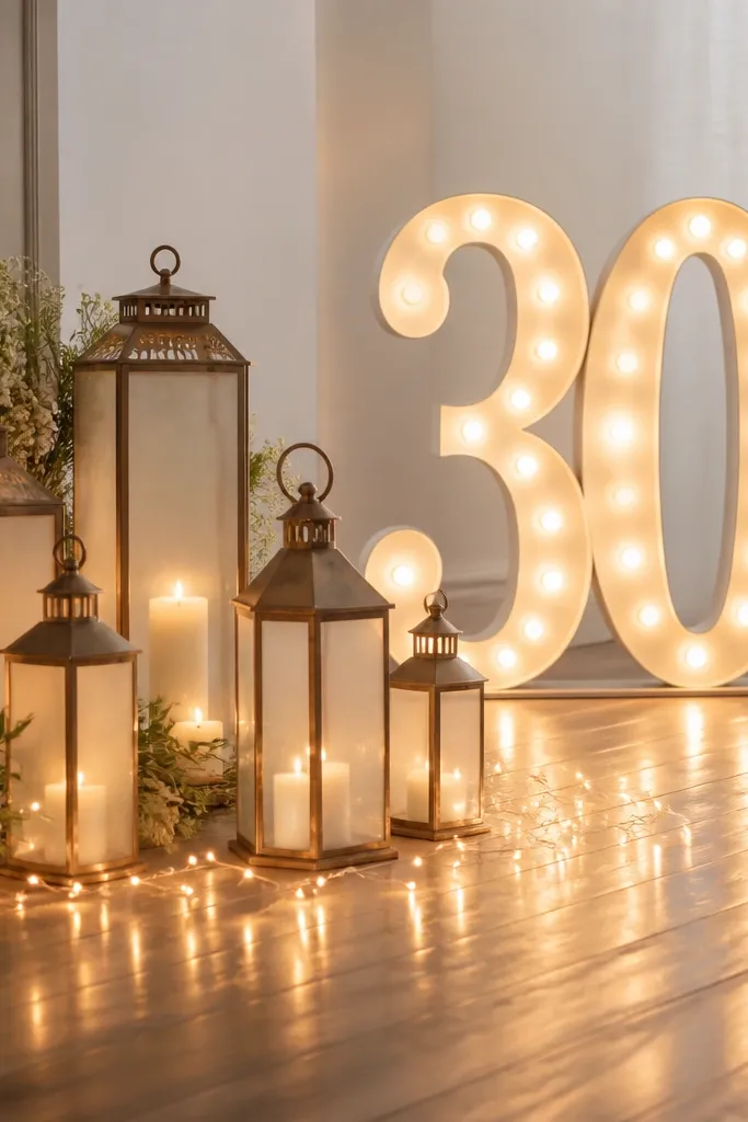 A cluster of warm lanterns on the floor near a light-up sign reading "Happy 30th." The lanterns are in different sizes with frosted glass, and there are string lights around them.