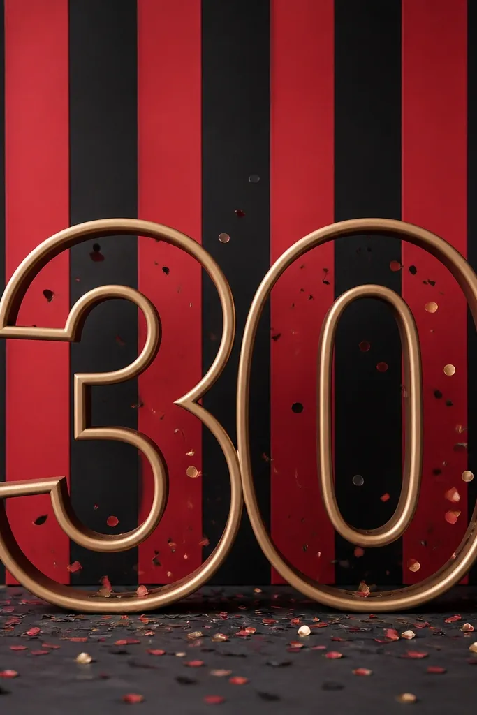 A backdrop made of alternating black and red candy stripe panels. A "30" frame sits in front with confetti scattered lightly inside the frame area.