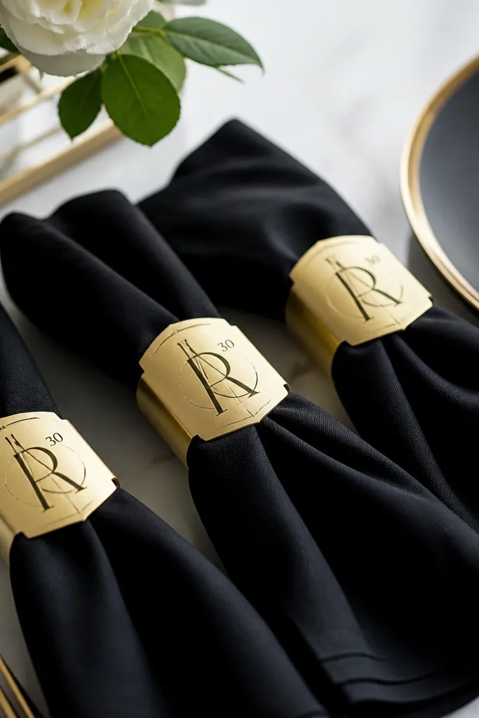 Napkin rings made from gold cardstock tags around black napkins. Several tags show a monogram-like letter style and a small "30" detail.
