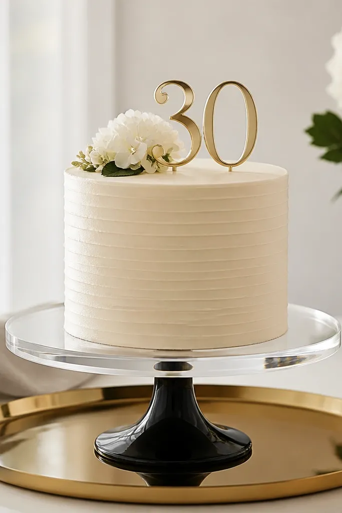 A clear acrylic cake stand with a black base. On top sits a simple cake with a gold "30" topper, and the stand is placed on a gold tray.