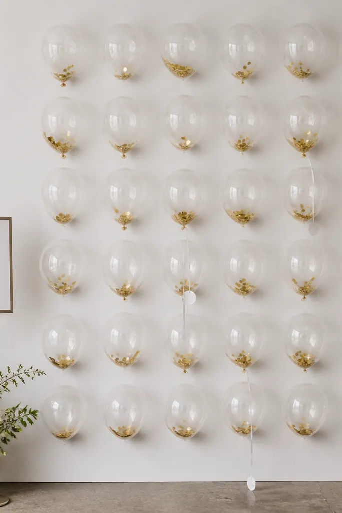 A wall covered in champagne confetti balloons arranged in a rough grid. A small sign next to it gives simple instructions, and a few balloons have string pull tabs.