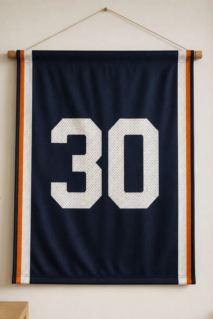 A fabric banner made from sports jersey-style material. It has a big "30" in a heat-transfer style font, with small team-color stripes on the ends.