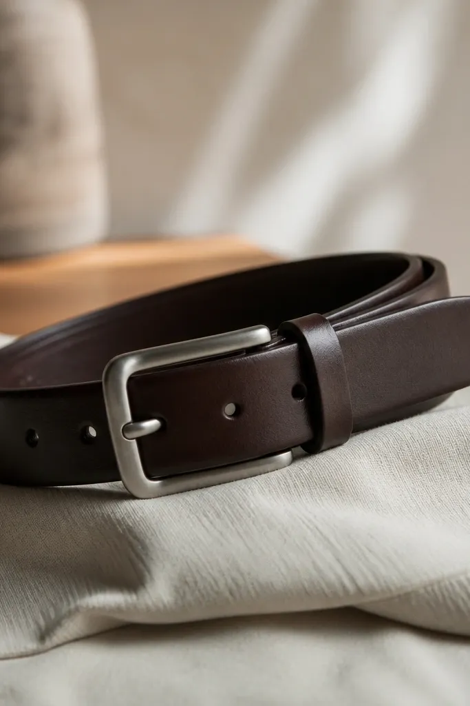 An espresso brown leather belt with a brushed metal buckle in a matte finish. The belt has a clean edge, minimal stitching, and a slightly tapered tail.