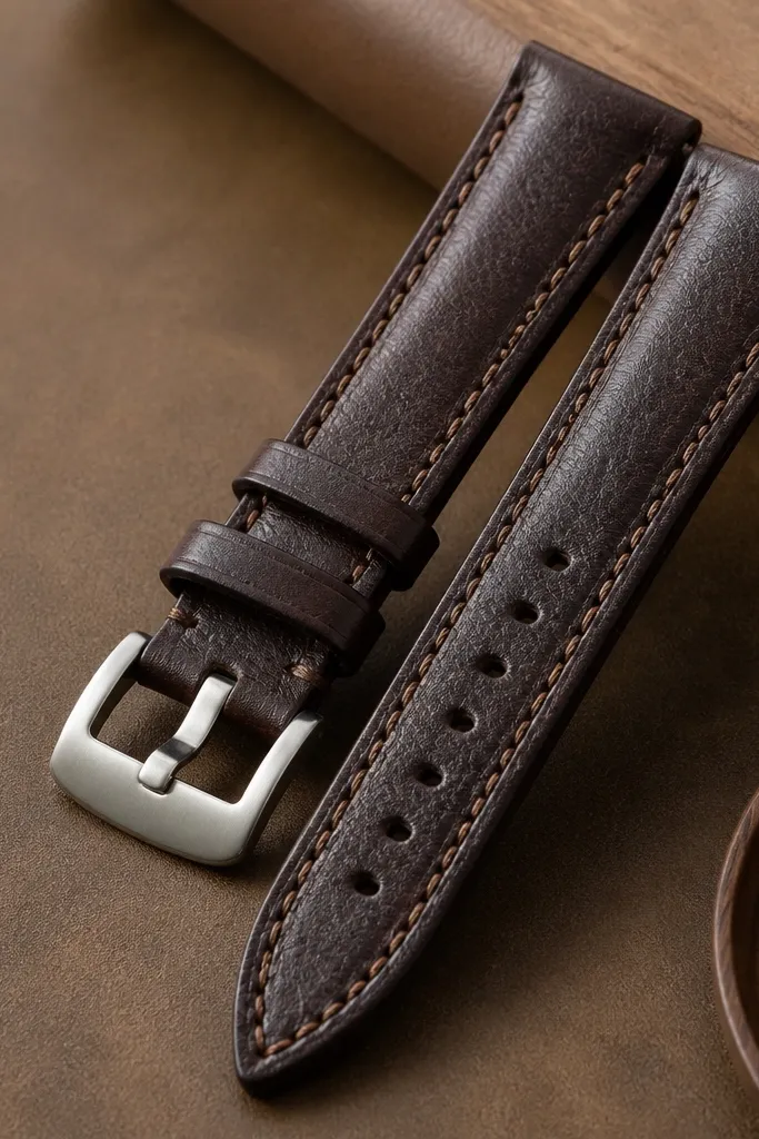 A dark brown leather watch strap with visible grain and stitched edges, paired with a standard pin-and-keeper buckle. The strap looks thick enough to hold shape, not floppy.