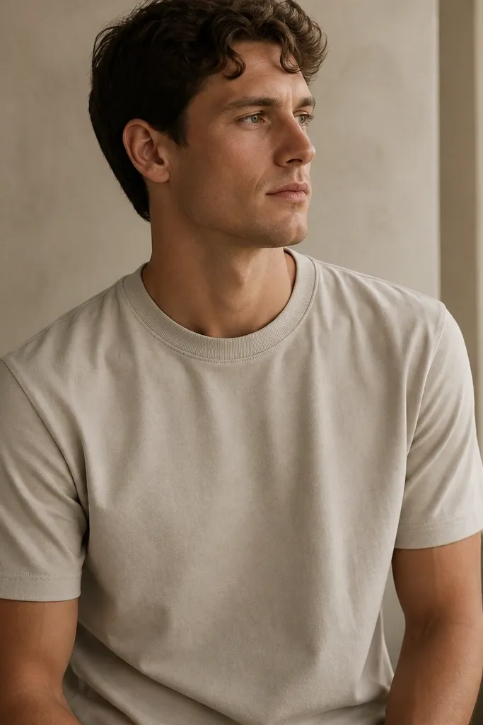 A soft stone-colored crew-neck t-shirt made of thick cotton. The collar looks ribbed and stays flat, with a smooth, slightly textured surface.