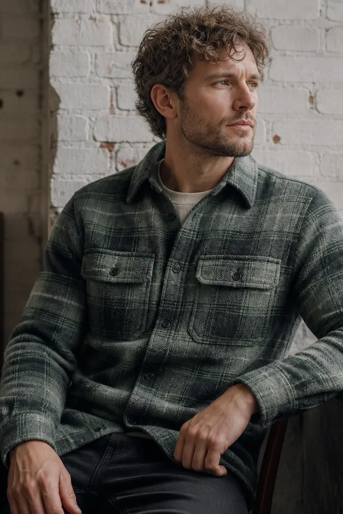 A green-gray plaid flannel overshirt with a button front, two chest pockets, and a brushed, slightly fuzzy texture. The colors look muted, not neon.